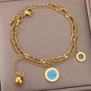 18k Gold Filled Layered Charm Bracelet with Turquoise Accent